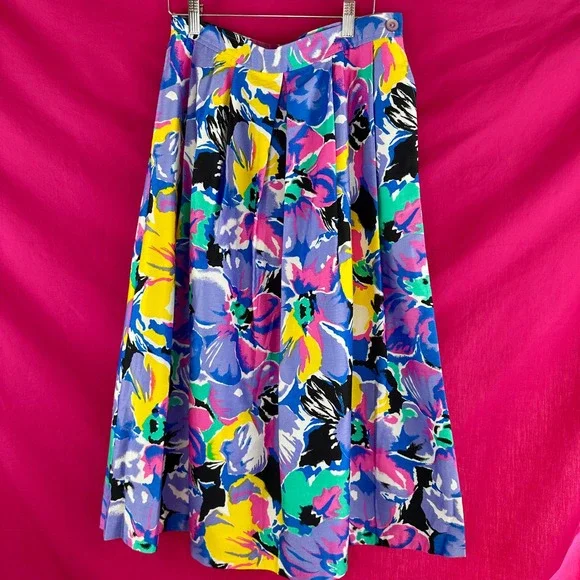 Vintage 80s 90s Floral Pleated Midi Long Skirt Lavender Pink Teal Cotton Size 14 - Picture 16 of 17